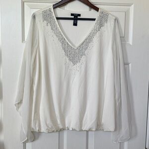 Alfani Cream V-Neck Blouse with Silver Details